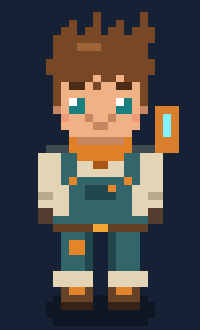 Rowan, a colonist with spiky brown hair, an orange bandana and teal overalls.