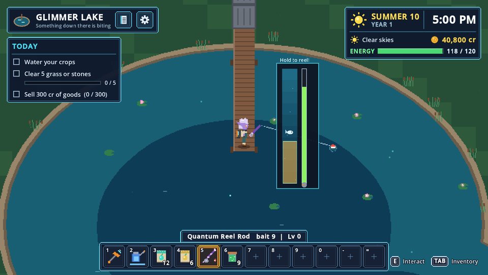 Fishing from a jetty on Glimmer Lake with the reel mini-game open.