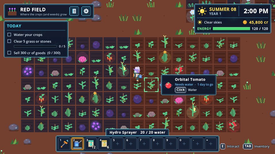 The Red Field on a clear summer afternoon: rows of crops in red soil, the colonist holding a hydro sprayer, a tooltip reading Orbital Tomato, needs water, 1 day to go.